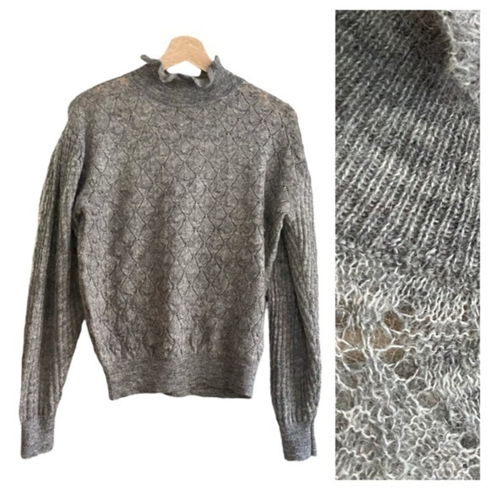 Anthropologie Knitted & Knotted Gray Wool Mohair Blend Ruffle Neck Sweater